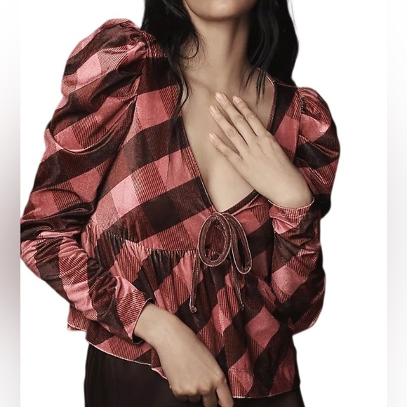Maeve Tops - NWT Anthropologie Maeve Babydoll Peplum Top – Pink & Rose Velvet Plaid – Size M